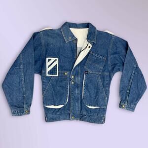 Vintage 80s 90s Denim Jacket Medium Sporty Elastic Waist Zip Front